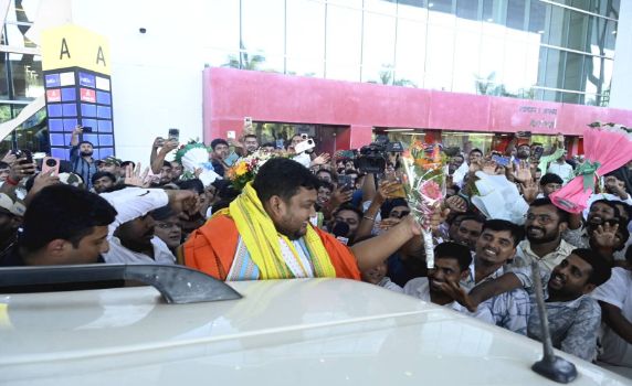 BJP Karyakartas offer rousing welcome to new state president Abhishek Debroy.